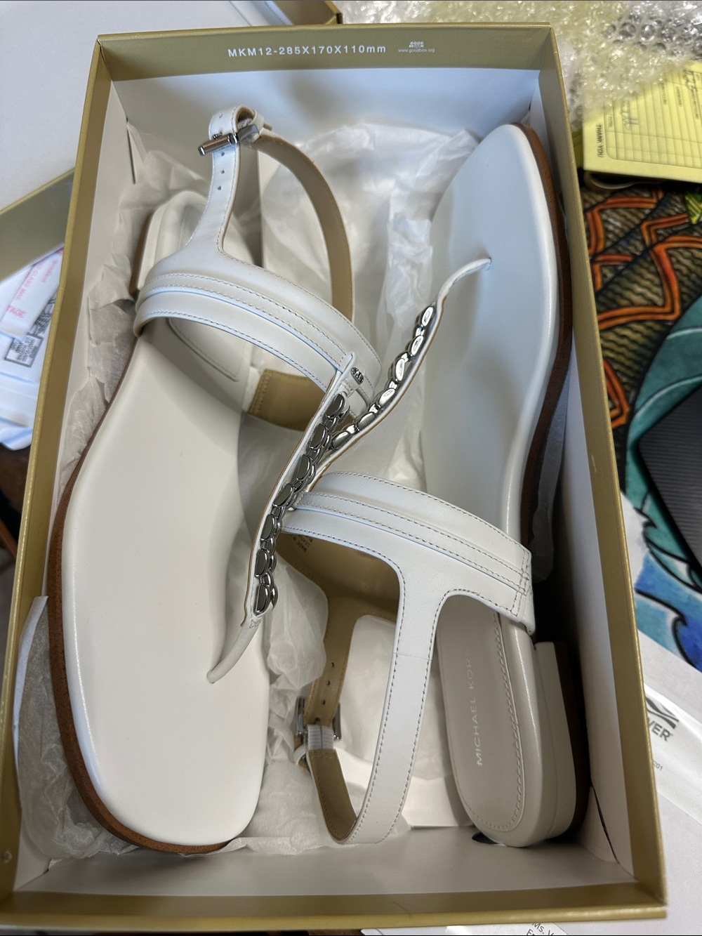 Michael Kors White Leather T-Strap Sandals with Silver Chain Detail